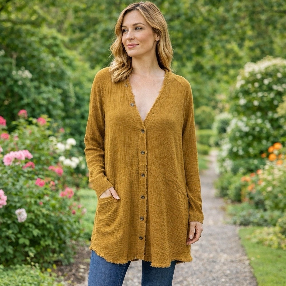 NEW Flawless Golden Gauze Long Sleeve Blouse Lagenlook‎ Boho Coastal Comfort M